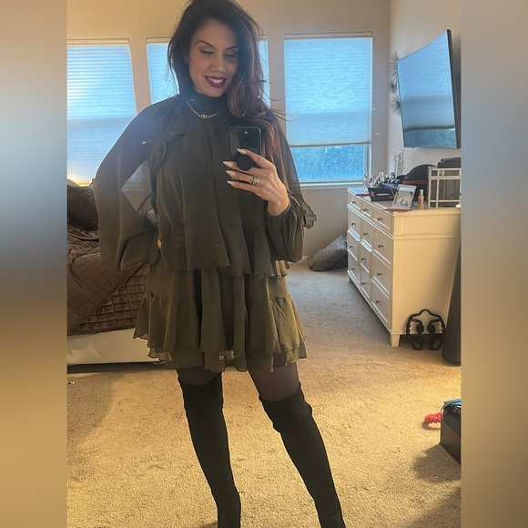 Commense Olive Green Ruffled Mini Dress - Picture 2 of 3